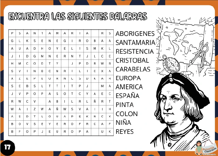 Sopa de letras y vocabulario sobre el 12 de octubre.