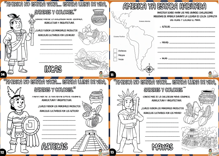 Fichas sobre civilizaciones aztecas, mayas e incas.