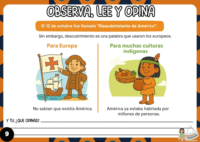 Páginas para colorear sobre el encuentro de dos mundos.