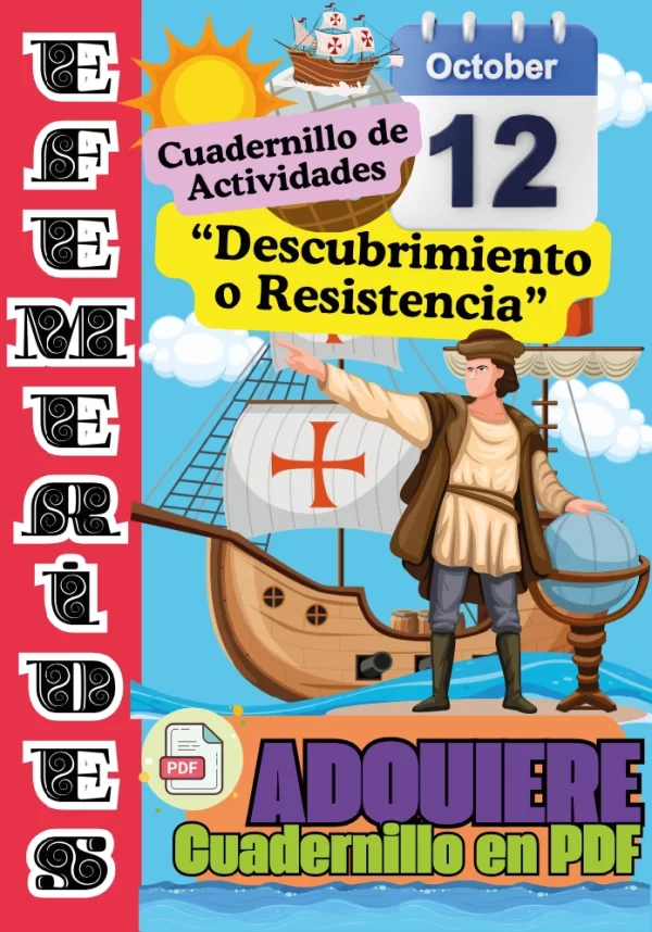 Portada del cuadernillo: título “¿Qué pasó realmente el 12 de octubre de 1492?” con ilustración del encuentro entre navegantes y pueblos originarios.